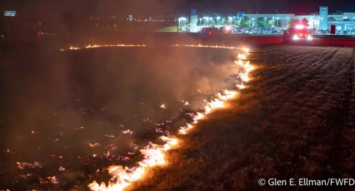 Denton County joins Dallas, Collin and Tarrant counties in issuing a burn ban. This grass fire occurred on July 4 in Fort Worth. (Courtesy Glen E. Ellman/Fort Worth Fire Department)