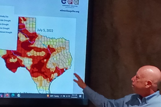 Paul Bertetti, Edwards Aquifer Authority senior director of aquifer science research and modeling, talks about Texas’ climactic outlook in a July 13 media briefing at the EAA Education Outreach Center. (Edmond Ortiz/Community Impact Newspaper)