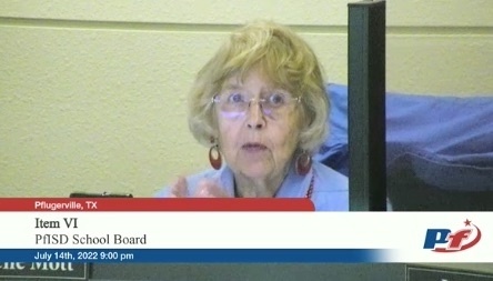 Board President Vernagene Mott spoke July 14 on the importance of a November tax ratification election for PfISD. (Screenshot courtesy Pflugerville ISD)