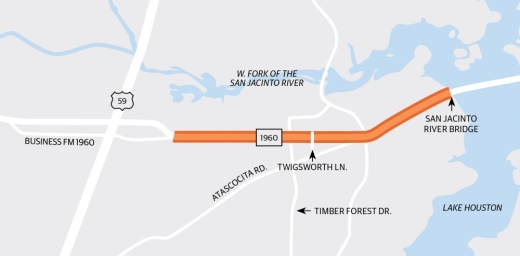 Segment 1 runs from Business FM 1960 to Twigswroth Lane, while Segment 2 runs from Twigsworth Lane to the San Jacinto River bridge. (Ronald Winters/Communtiy Impact Newspaper) 