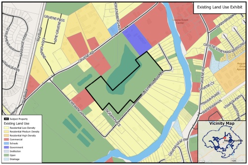 A map used in the New Braunfels City Council meeting presentation shows the existing land use in and around the property attempting to be rezoned for the resort development. (New Braunfels Planning/Community Impact Newspaper)