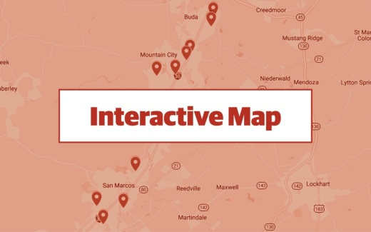 red graphic using google maps screenshot of the san marcos buda and kyle areas in texas with ten commercial permits pinpointed
