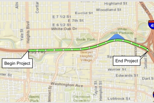 The proposed I-10 elevation would stretch about 1.8 miles from Heights Boulevard to I-45. (Courtesy Texas Department of Transportation presentation)
