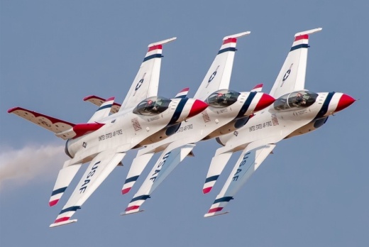 The U.S. Air Force Thunderbirds, which will perform at this year's AllianceTexas Aviation Expo presented by Bell, demonstrate the capabilities of the F-16 Fighting Falcon. (Courtesy city of Fort Worth)