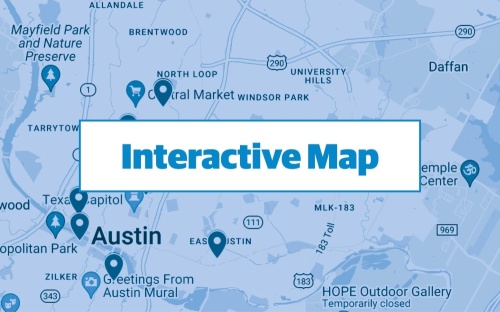 blue graphic using google maps screenshot of central austin with commercial permits pinpointed 