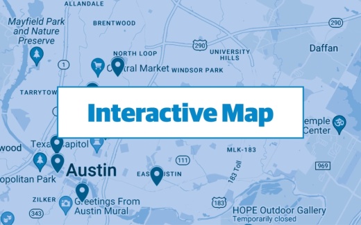blue graphic using google maps screenshot of central austin with commercial permits pinpointed