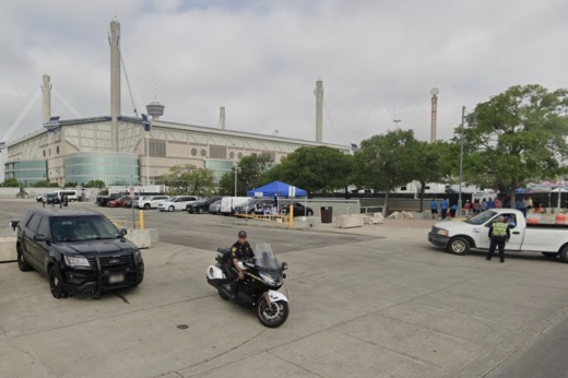 U.S. Army personnel conducted drills involving simulated gunfire and controlled explosions in and around the Alamodome, seen here during Fiesta 2022, on Monday night, Aug. 8, San Antonio city officials said. The Army will continue nightly downtown-area exercises through Aug. 12. (Courtesy Google Streets)
