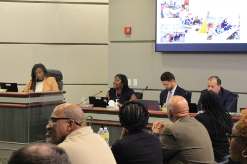 Spring ISD Chief Financial Officer Ann Westbrooks and members of the 2022 bond steering committee present information on the district's $850 million bond, which will be up for voter consideration in November. (Emily Lincke/Community Impact Newspaper)