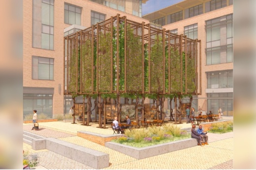 A concept rendering depicts a steel structure with landscaping in place of the Ice House. The rendering was presented as an option for creating an "iconic pavilion" in place of the Ice House. (Rendering courtesy city of McKinney)