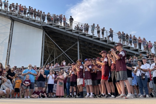 The Pearland Little League team celebrates with thousands of supporters. (Andy Yanez/Community Impact Newspaper)