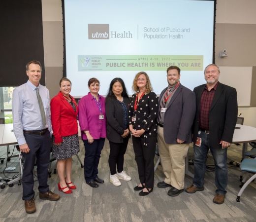 UTMB School of Public and Population Health leaders and faculty members, including Dr. Jacques G. Baillargeon, Dr. Cara Pennel, Dr. Soham Al Snih, Dr. Yong-Fang Kuo, Dr. M. Kristen Peek, Dr. John D. Prochaska, and Dr. Matthew Dacso during the 2022 kickoff event for the new school