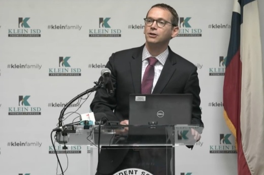 Texas Education Agency Commissioner Mike Morath speaks on the 2021-22 A-F Accountability Ratings during a press conference at Klein ISD's Nitsch Elementary School on Aug. 15. (Screenshot via Klein ISD)
