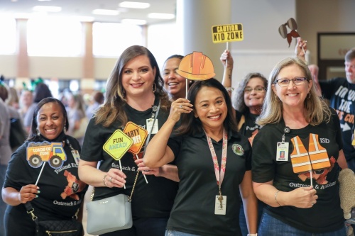 Pearland ISD’s Outreach and Attendance Department staff wore themed shirts displaying the “Build Pearland Proud” motto. (Courtesy Pearland ISD)