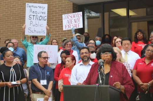 State Rep. Alma Allen speaks at an Aug. 15 news conference against a proposed revision to Houston ISD's charter school policy. (Shawn Arrajj/Community Impact Newspaper)