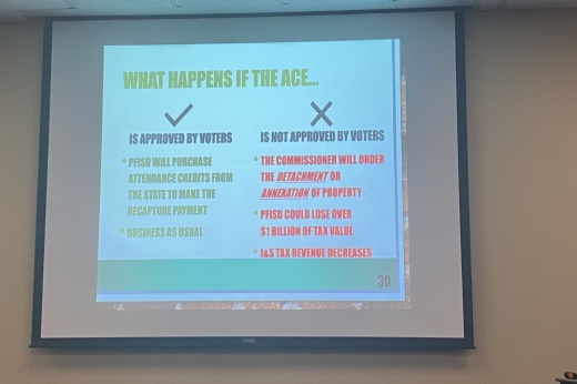 PfISD staff presented information on an attendance credit election to offset the cost of recapture payments anticipated for the 2022-23 school year. (Brian Rash/Community Impact Newspaper)