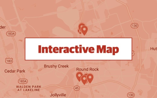red graphic made with google map screenshot of the city of round rock with ten commercial permits pinpointed 