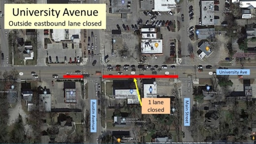 Sidewalk and curb improvements will have the eastbound lane on University Avenue closed until Sept. 6. (Courtesy city of Georgetown)