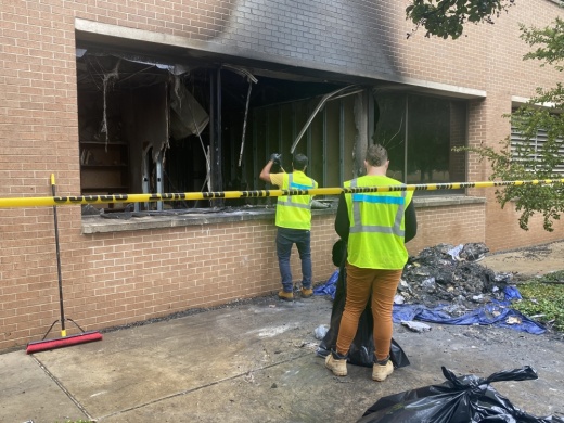 Crews work to clean up the damage from the Aug. 22 fire at Richardson City Hall. (Jackson King/Community Impact Newspaper)