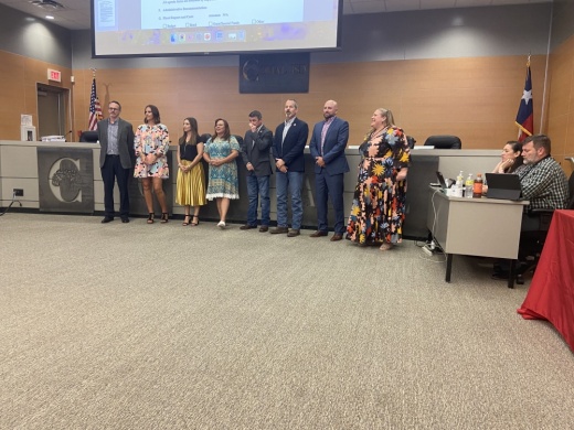 During the Aug. 22 Comal ISD board meeting, CISD Chief Financial Officer Crystal Hermesch presented updates on the construction of new schools. (Christopher Green/Community Impact Newspaper)