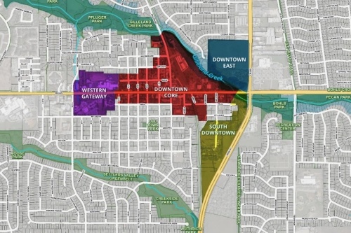 Map displaying the boundaries of downtown Pflugerville