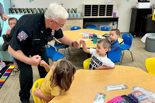School police officers in Montgomery ISD met students on the first day of school Aug. 11. (Courtesy Montgomery ISD)