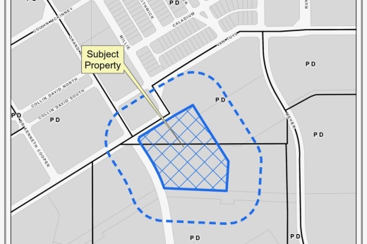 Map indicating location of new development land area at the southeast corner of the intersection of Van Tuyl Parkway and Grand Ranch Parkway.