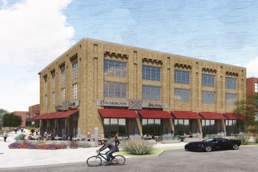 Rendering of the corner of the building, featuring retail businesses on the bottom floor with residential and corporate spaces above.