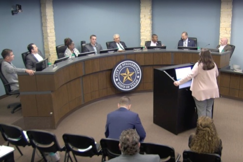 Screenshot of Assistant City Manager Emily Barron speaking to Pflugerville City Council members at an August 23 meeting