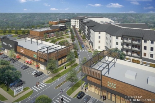 The development proposed at the former McCoy Elementary School site will include commercial and multifamily uses. (Rendering courtesy city of Georgetown/Partners Capital)