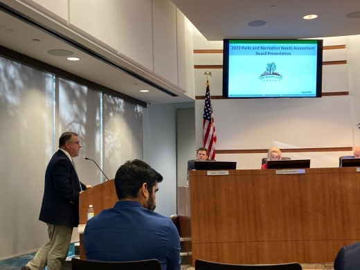 The Woodlands Chief Operating Officer Chris Nunes presented a parks and recreation plan at the Aug. 24 board of directors meeting. (Vanessa Holt/Community Impact Newspaper)