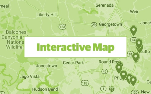 green graphic using google maps screenshot of pflugerville and hutto areas with locations pinpointed where commercial permits have been filed
