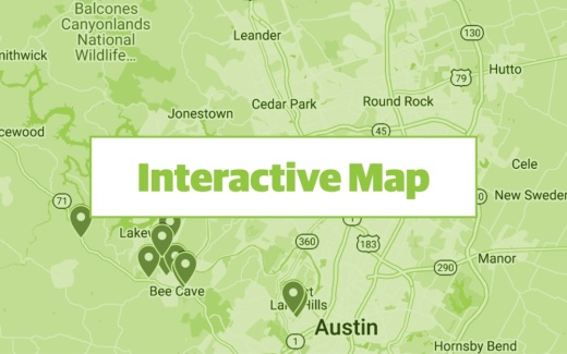 green graphic using google maps screenshot of bee cave lakeway west lake hills and spicewood areas with commercial permits pinpointed