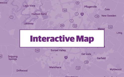 purple graphic using google maps screenshot of austin texas area with words interactive map across the center