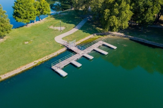 Aerial perspective of old Towne Lake Park boat dock.