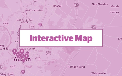 pink graphic using google maps screenshot of central austin with commercial permits pinpointed 