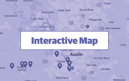 purple graphic using google maps screenshot of central austin with commercial permits pinpointed 
