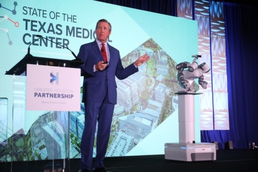 Texas Medical Center President William McKeon introduces the TMC BioPort during a Sept. 20 State of TMC event. (Courtesy Greater Houston Partnership)