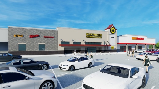 Rendering of exterior of the Northern Tool and AutoZone buildings.