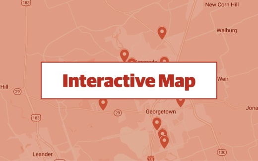 red graphic using a google maps screenshot of the city of georgetown in texas with commercial permits pinpointed