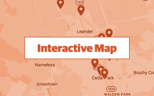 orange graphic using google maps screenshot of cedar park and leander areas in central texas with locations of commercial permits pinpointed on map