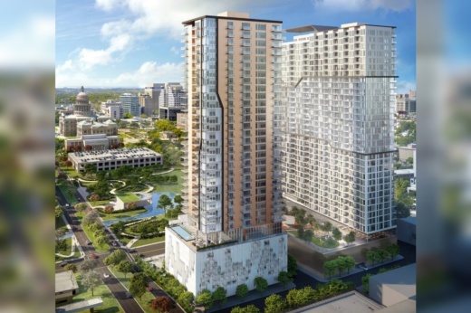 Aspen Heights Partners is proposing to build two residential towers with more than 900 apartments and additional community space on city-owned land in northeast downtown. (Rendering courtesy city of Austin/STG Design)