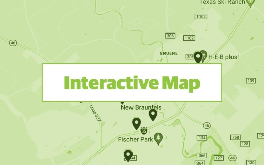 green graphic using google maps screenshot of new braunfels area with commercial permits pinpointed