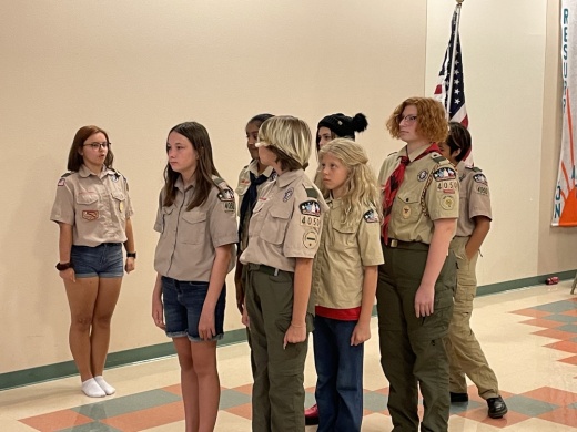 Troop 4050 practices their color guard and flag ceremony formations. (Taylor Cripe/Community Impact Newspaper)