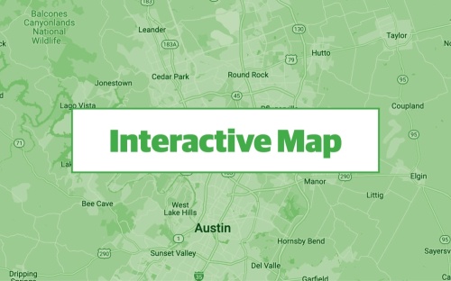 green graphic made with google map screenshot of the city of round rock with ten commercial permits pinpointed 