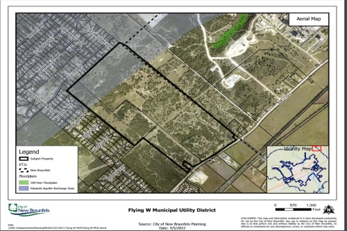 The Flying W Municipal Utility District, which would sit between the extra-territorial jurisdictions of New Braunfels and San Marcos along FM 1102 and Watson Lane, is one of the many proposed utility districts brought before city council this year. (Courtesy city of New Braunfels)