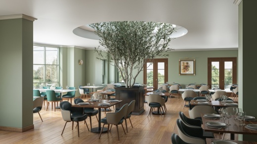 Inside of a restaurant with tables, chairs and a tree.