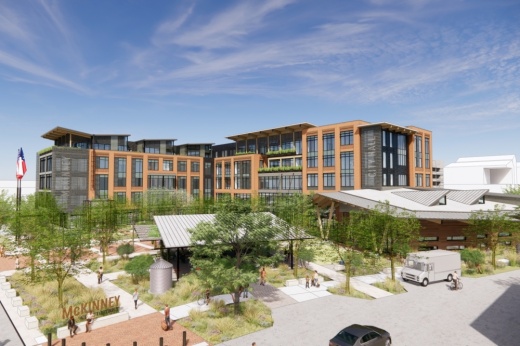 Rendering of the new McKinney City Hall and the outdoor plaza.