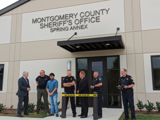 From left, Precinct 3 Commissioner James Noack, Sheriff Rand Henderson, County Judge Mark Keough and Precinct 3 Constable Ryan Gable stand outside the new Montgomery County Sheriff's Office Spring Annex. (Jishnu Nair/Community Impact)