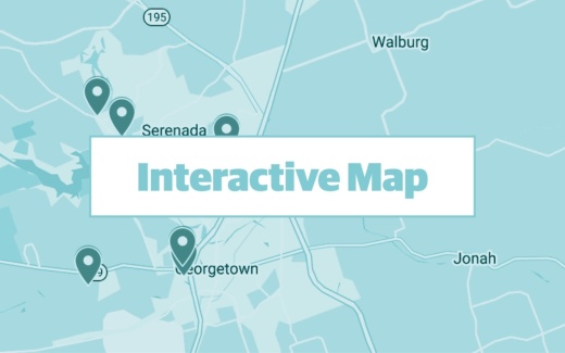 blue graphic using a google maps screenshot of the city of georgetown in texas with commercial permits pinpointed