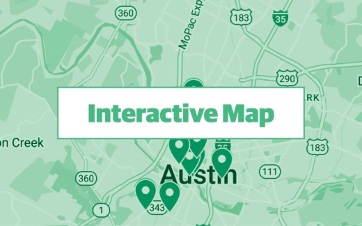  turqouise graphic using google maps screenshot of central austin with commercial permits pinpointed 